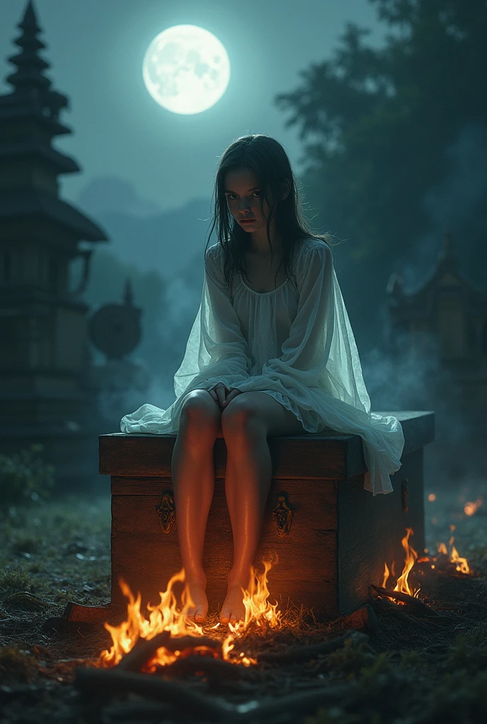 A ghost girl sits on a coffin., The coffin was placed on a pyre., The fire is burning the coffin., balinese temple, Cold atmosphere, The evening is scary, Sitting with legs dangling, full moon, Dog howling, saw a ghost,facing forward looking to viewer 
