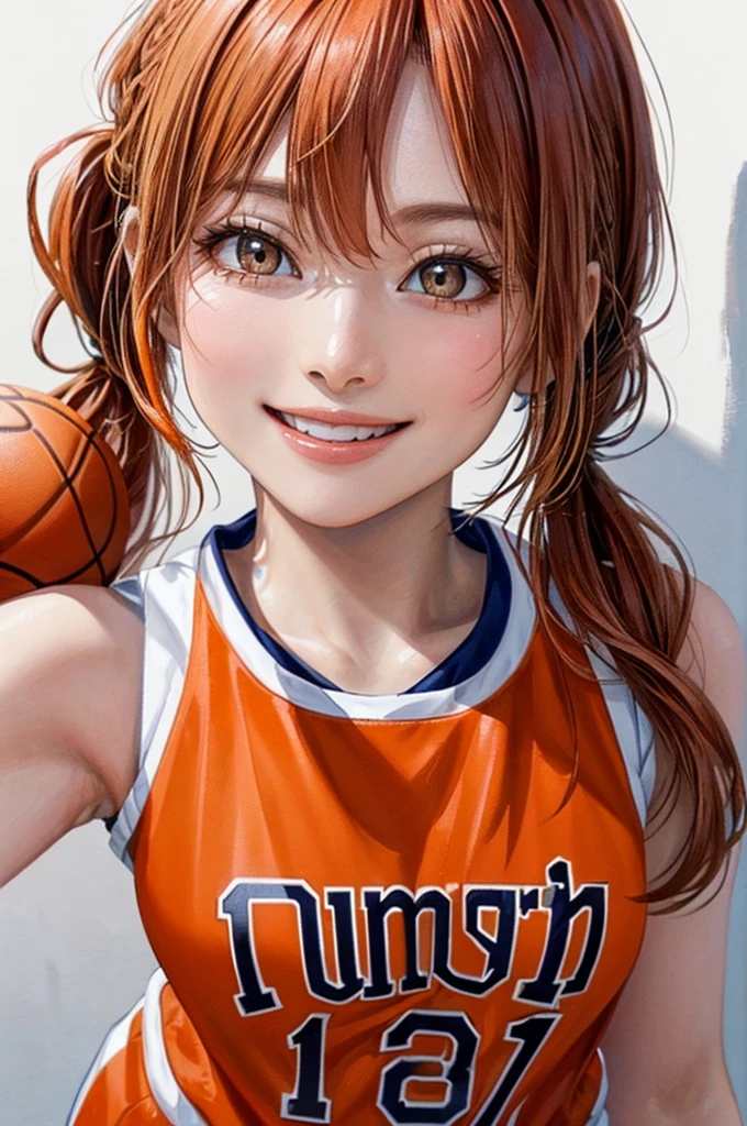 (((Pure white wall background、Highest quality、8k、32K、masterpiece)))、(Realistic)、(Realistic:1.2)、(High resolution)、Very detailed、Very beautiful face and eyes、1 person、Round and small face、Tight waist、Delicate body、(close、Highest quality、Attention to detail、Rich skin detail)、(Highest quality、8k、Oil paints:1.2)、Very detailed、(Realistic、Realistic:1.37)、Bright colors、(((Orange Hair)))、(((Vermilion hair)))、(((Cowboy Shot)))、(((Long Hair)))、(((The ends of the hair are tied)))、(((Pure white wall background)))、(((Wearing a basketball uniform)))、(((Orange and white basketball outfit)))、(((smile)))、(((1 female)))、(((Tank top style uniform)))、