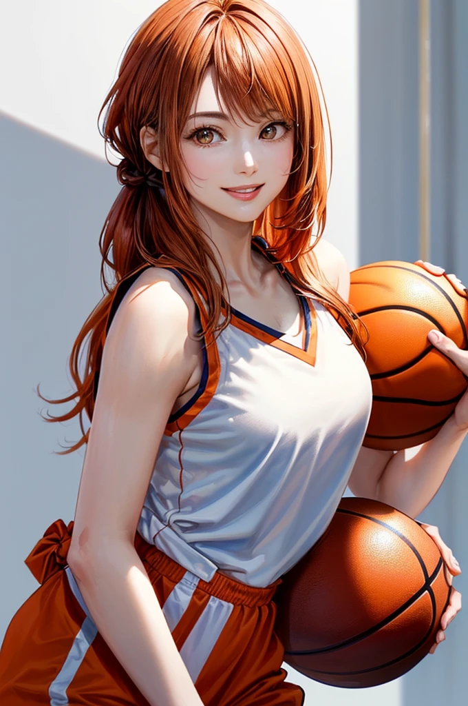 (((Pure white wall background、Highest quality、8k、32K、masterpiece)))、(Realistic)、(Realistic:1.2)、(High resolution)、Very detailed、Very beautiful face and eyes、1 person、Round and small face、Tight waist、Delicate body、(close、Highest quality、Attention to detail、Rich skin detail)、(Highest quality、8k、Oil paints:1.2)、Very detailed、(Realistic、Realistic:1.37)、Bright colors、(((Orange Hair)))、(((Vermilion hair)))、(((Cowboy Shot)))、(((Long Hair)))、(((The ends of the hair are tied)))、(((Pure white wall background)))、(((Wearing a basketball uniform)))、(((Orange and white basketball outfit)))、(((smile)))、(((1 female)))、(((Tank top style uniform)))、