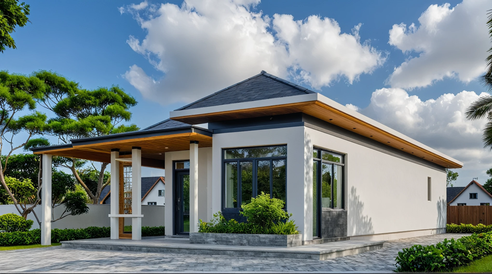 Masterpiece, high quality, best quality, authentic, super detail, outdoors, onestoreyvillaXL, aiaigroup, house style modern on the street ,stairs, white wall ,road,pavement, grass, trees, sky, cloud, (daylight:1.1)