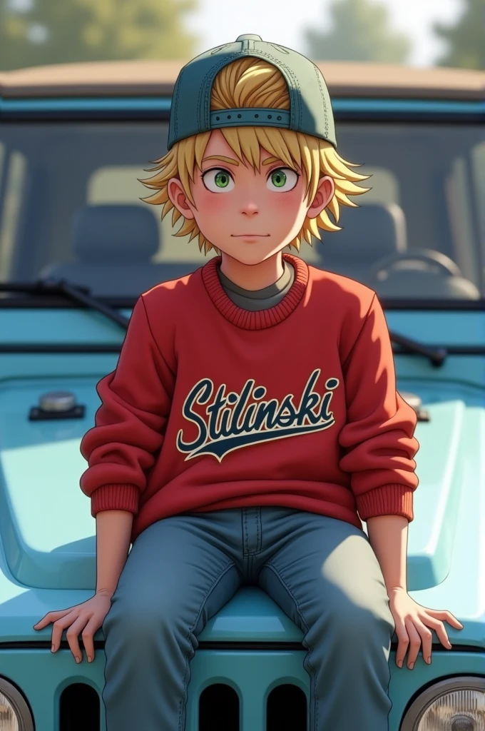 "Blonde, straight-haired boy with green eyes, , wearing a backward cap and a red lacrosse sweater with 'Stilinski' written on it, sitting on the hood of his light blue jeep."