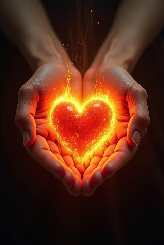Hands holding flaming heart 
