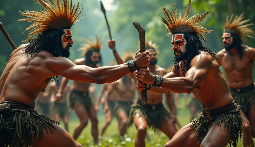 a tribe of indigenous Brazilian people engaged in battle, muscular shirtless men with tribal face paint and feathered headdresses, wielding spears and clubs, lush tropical jungle background with dense foliage, dynamic action pose, cinematic lighting, highly detailed, photorealistic, dramatic colors, (best quality,8k,highres,masterpiece:1.2),ultra-detailed,(realistic,photorealistic,photo-realistic:1.37),dramatic,cinematic