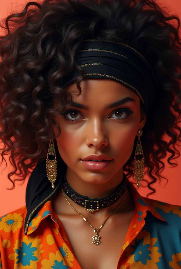 A woman with a black bandana, Flamengo shirt and curly hair