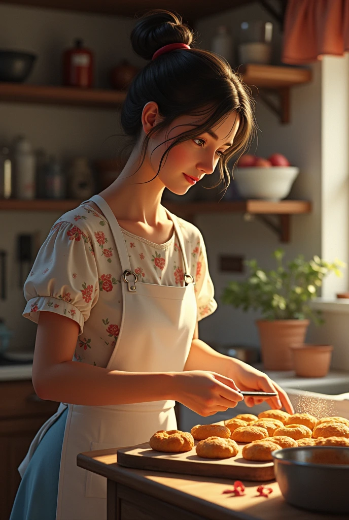 Illustrate the young woman baking in a cozy kitchen of a rural home. She is dressed in traditional 1980s kitchen attire like an apron and a floral blouse. Capture her in a warm, inviting setting with soft lighting that highlights the shadows of the kitchen utensils and the delicious treats she is preparing. Emphasize the warm glow of the oven.