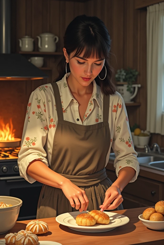 Illustrate the young woman baking in a cozy kitchen of a rural home. She is dressed in traditional 1980s kitchen attire like an apron and a floral blouse. Capture her in a warm, inviting setting with soft lighting that highlights the shadows of the kitchen utensils and the delicious treats she is preparing. Emphasize the warm glow of the oven.