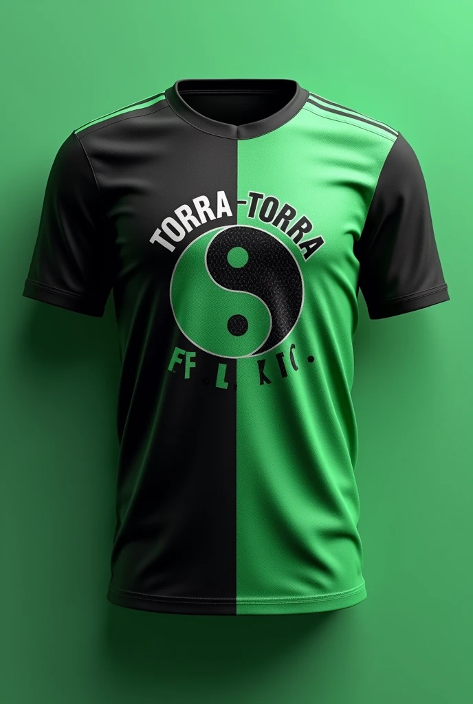 Create an image of an interclass jersey Team name Torra-Torra FC Color black and green With the Ying Yang symbol