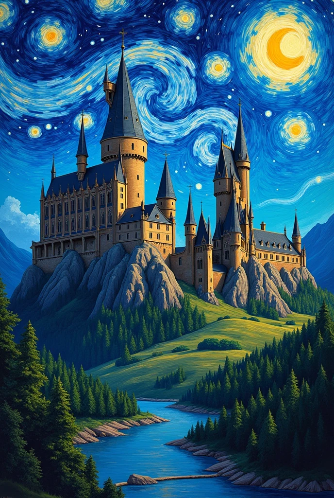 I want you to make a picture of the wonders of Harry Potter but in the style of Vincent Van Gogh (only the castle)
