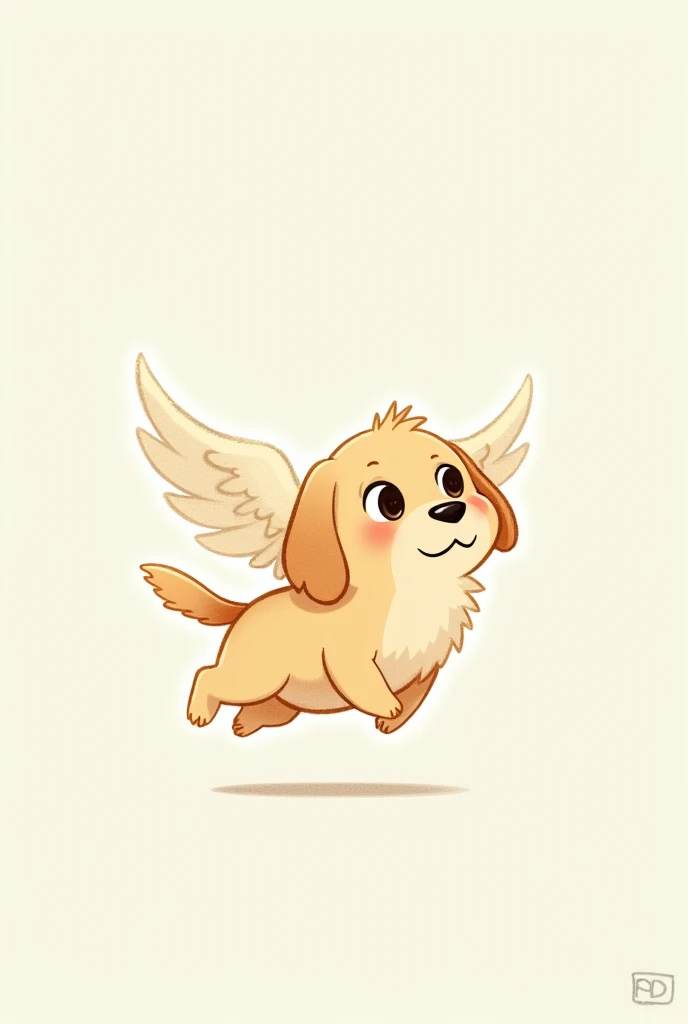Simple thin line drawing Cute illustration Hand-drawn cartoon style Animal characters(Golden Retriever) Gentle expression, curious expression, pastel colors, limited color usage、Simple background Character is placed in the center The dog has wings Flying towards the sky For children Gentle Peaceful