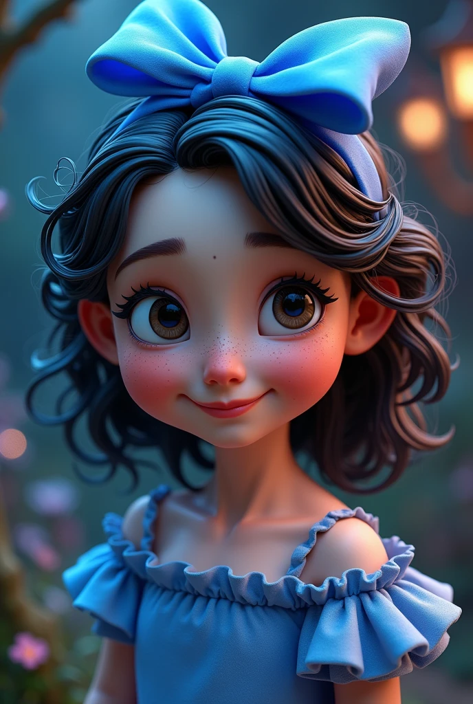 Untitled 3D poster inspired by Disney Pixar. Fair-skinned child with freckles on her face, eyes as dark as the starry sky, smiling, dark, wavy hair with a blue bow, dressed in a blue dress