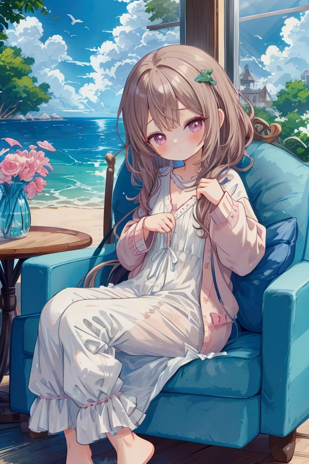 [Core Concept] A delightful anime-inspired figurine depicting a charming young woman in cozy, casual loungewear.

[Character Description] The figurine showcases a , youthful anime-style girl with large, expressive eyes, rosy cheeks, and a gentle, friendly expression. Her hair is styled in a cute, slightly messy manner, adding to her endearing, relaxed appearance.

[Environment/Background] The figurine is set against a simple, minimalist background, allowing the focus to remain entirely on the captivating character design.

[Style and Atmosphere] The overall style is warm and inviting, with a soft, pastel color palette and a sense of whimsical, playful charm. The atmosphere evokes a sense of comfort and relaxation.

[Composition] The figurine is posed in a casual, lounging position, one leg tucked beneath her as she sits comfortably, creating a natural, at-ease pose.

[Details and Embellishments] The figurine's loungewear consists of a cozy-looking oversized sweater or cardigan, complemented by a pair of matching, plush-looking pajama bottoms. Small, delicate details such as the folds and textures of the fabric add to the realism and tactile quality of the design.

[Technical Specifications] The figurine is crafted with a high level of detail and precision, utilizing advanced techniques to capture the delicate features and expressive qualities of the anime-inspired character design.