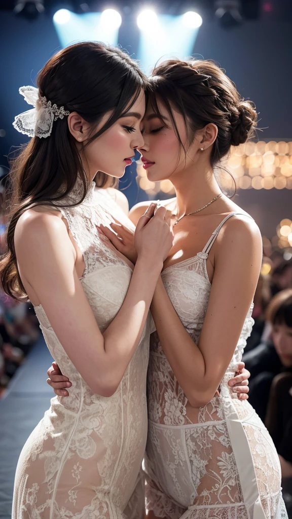 Two women wearing lace lingery making out at the catwalk, spotlight, realistic, high-resolution, high detailed