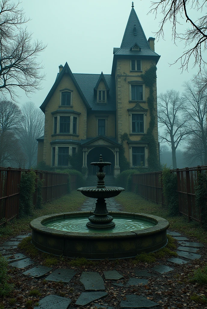 Haunted house with a fountain