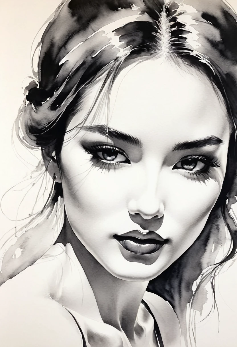 Elegant Maiden,black and white ink painting,Pen sketch,Gentle brushstrokes,Draw delicate lines with a pen,Fluid Action,Subtle ink shades,Graceful posture,Peaceful look,Delicate facial features,Black and White,clean