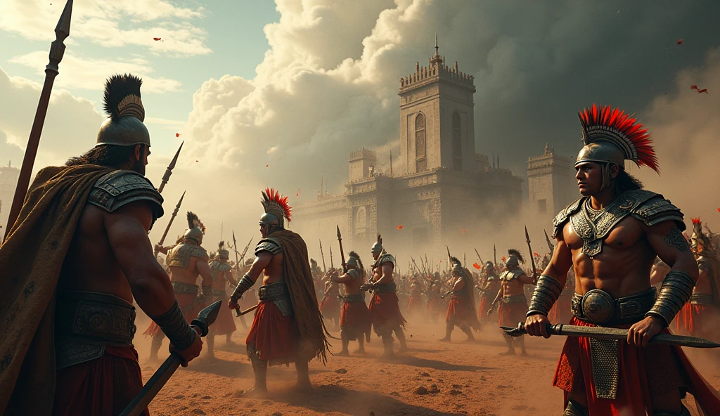 a vast war field, aztec warriors in battle, detailed armor and weapons, epic battle scene, dramatic lighting, gritty and realistic, cinematic composition, vivid colors, dramatic clouds, volumetric fog, (best quality,4k,8k,highres,masterpiece:1.2),ultra-detailed,(realistic,photorealistic,photo-realistic:1.37),dynamic poses,intricate patterns on armor,intense expressions,muscular male figures,large scale battle,blood and battle effects,dynamic camera angle