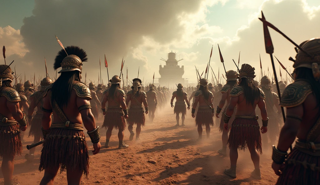 a vast war field, aztec warriors in battle, detailed armor and weapons, epic battle scene, dramatic lighting, gritty and realistic, cinematic composition, vivid colors, dramatic clouds, volumetric fog, (best quality,4k,8k,highres,masterpiece:1.2),ultra-detailed,(realistic,photorealistic,photo-realistic:1.37),dynamic poses,intricate patterns on armor,intense expressions,muscular male figures,large scale battle,blood and battle effects,dynamic camera angle