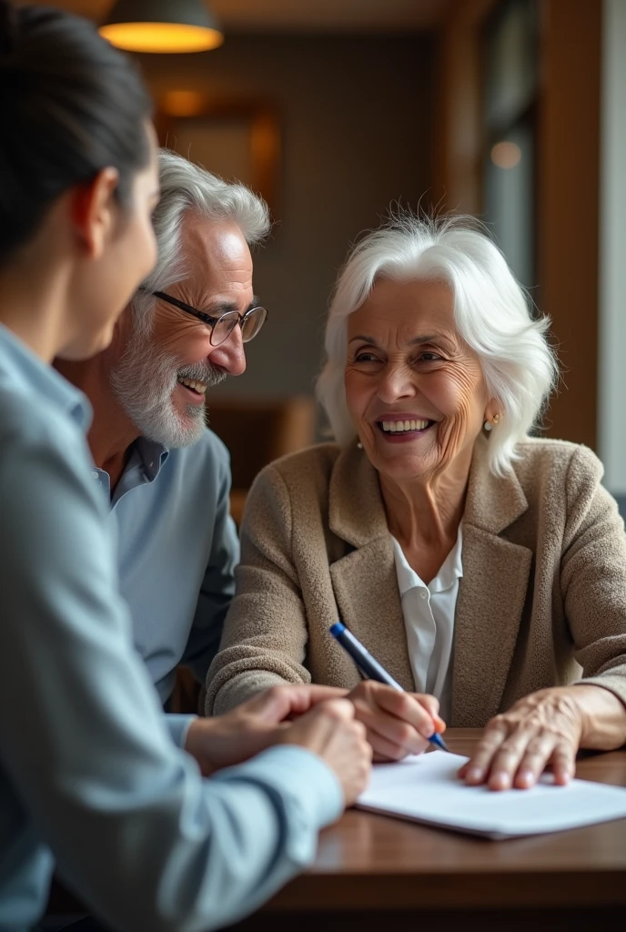 TWO ELDERLY BRAZILIANS SMILING, TAKING OUT A LOAN AND SIGNING A CONTRACT AT THE BANK, CINEMATOGRAPHIC FRAMING