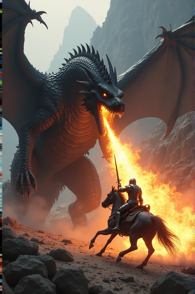 Black dragon throwing fire fighting with knight on horse with light sword
