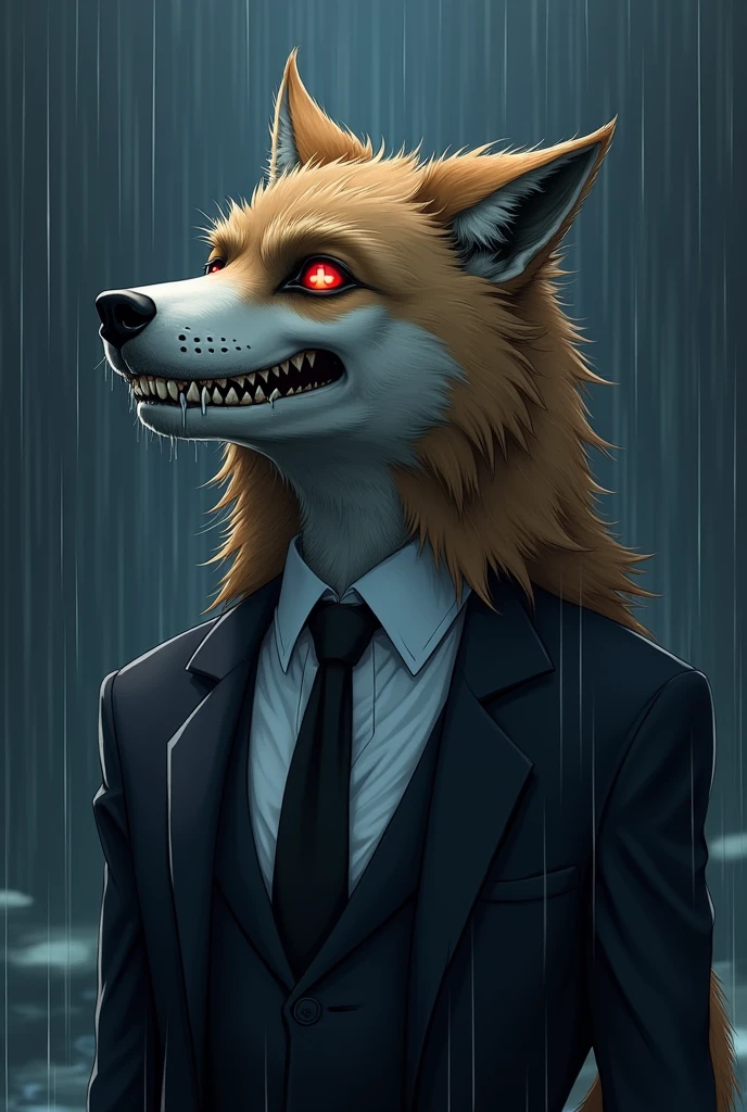 brown fur wolf, with the skull for a face, with red eyes wearing formal suit, Looking up crying, in the night rain anime style 