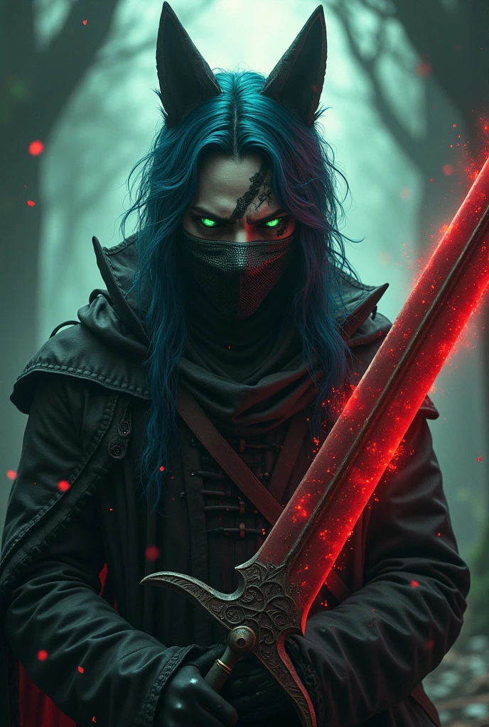 A character from Demon Slayer Who has a scar on his forehead, is missing both eyes, has a half-red, half-black sword, breathes the sun, has green eyes, and blue hair, and wears a fox mask that covers his entire face.