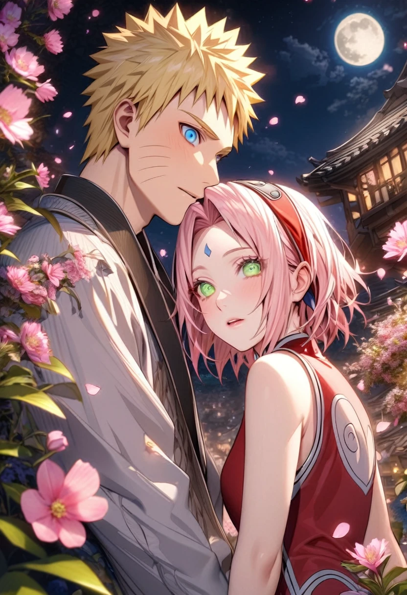 Ultra detailed, highres, absurdres, HDR, Haruno Sakura, pink short hair, green expressive eyes, Uzumaki Naruto, blue expressive eyes, blonde hair, Naruto Shippuden, pink flowers, petals, fireflies, moon, a beautiful woman together with a handsome man, couple, handsome, beautiful, very detailed face and eyes