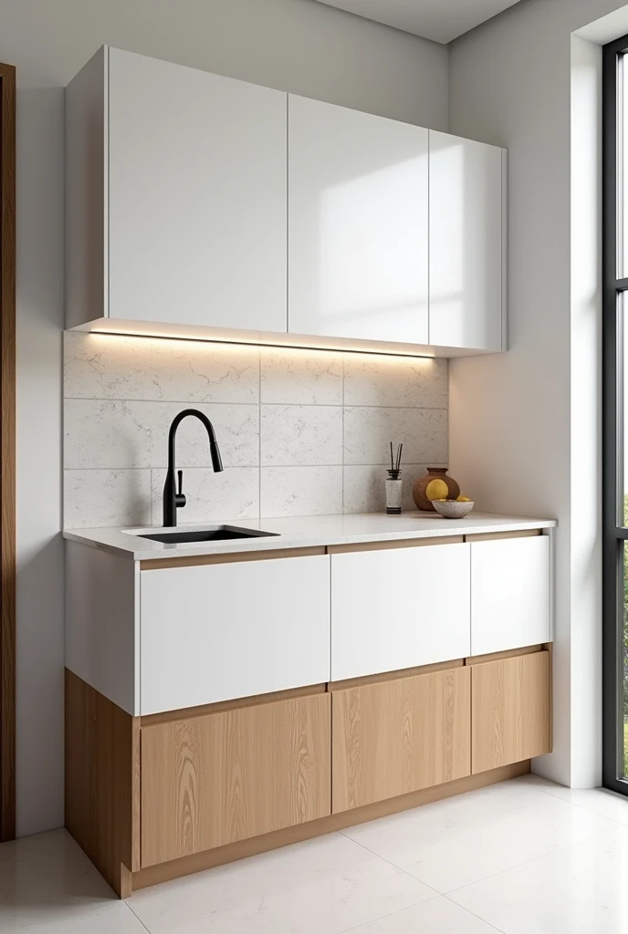 Small kitchen cabinet, white on top and wood on the bottom.

With white marble countertop, sink with tile on the back wall in a 10cm by 10cm square format