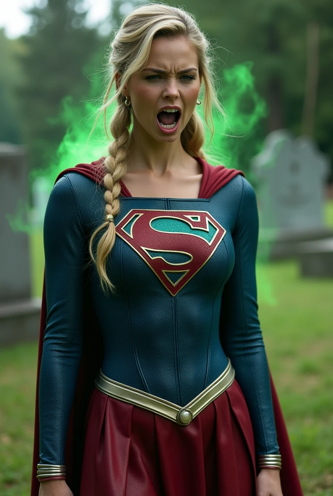 (((De primerísimo primer plano una hermosa mujer yelling))),(((Long blonde hair pulled back into a braided ponytail six feet long)))Charlize Theron under the mantle of the Kryptonian Kara zor-El alias Supergirl))),(((yelling de dolor))),(((Blue leather suit with tiny scales on the suit))),(((Red skirt Supergirl emblem on her costume))),(((Silver metal bracelets on their wrists))),(((Long red boots up to her knees))),(((On knees (((yelling))) mortally wounded (((Blood on his chest))),(((Green flourescent kryptonite on the wound))),(((Blood around skulls in cemetery))),(((Green flourescent magic running through all the veins of his body))),(((yelling de dolor))),(((Green flourescent magic around his entire body)))