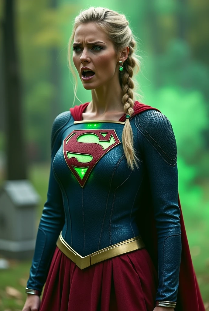 (((De primerísimo primer plano una hermosa mujer yelling))),(((Long blonde hair pulled back into a braided ponytail six feet long)))Charlize Theron under the mantle of the Kryptonian Kara zor-El alias Supergirl))),(((yelling de dolor))),(((Blue leather suit with tiny scales on the suit))),(((Red skirt Supergirl emblem on her costume))),(((Silver metal bracelets on their wrists))),(((Long red boots up to her knees))),(((On knees (((yelling))) mortally wounded (((Blood on his chest))),(((Green flourescent kryptonite on the wound))),(((Blood around skulls in cemetery))),(((Green flourescent magic running through all the veins of his body))),(((yelling de dolor))),(((Green flourescent magic around his entire body)))