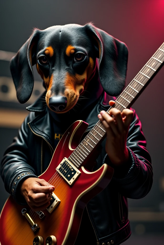 A dachshund playing an electric guitar wearing a leather jacket in rock style, ultrarealistic