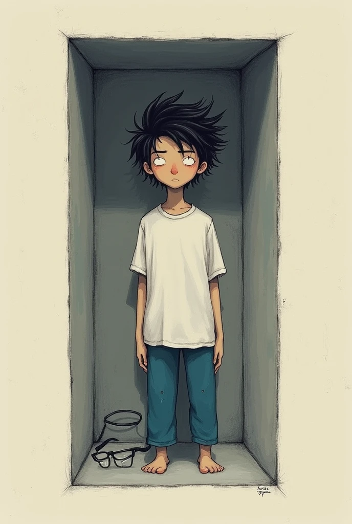 (minimalistic drawing)(dark little color)(young skinny messy hair )(Whiteshirt)(blue pants) Inside the box there were glasses 