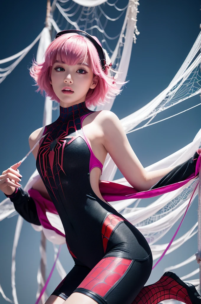 ((best quality)), ((masterpiece)), ((realistic)), (detailed), (1 girl) , teen, red Spiderman costume, arm tattoo, portrait, asymmetrical bangs, bandaid, short hair, bangs, breasts, freckles, grey eyes, small  breasts, looking at viewer, neck tattoo, nose piercing, pink hair, solo, tattoo on face, upper body, detailed background, town, alley, dark alley, portrait, hood on head, night, angry, close up, closed mouth, , ((masterpiece)), cosplay, wide angle shot, full body action