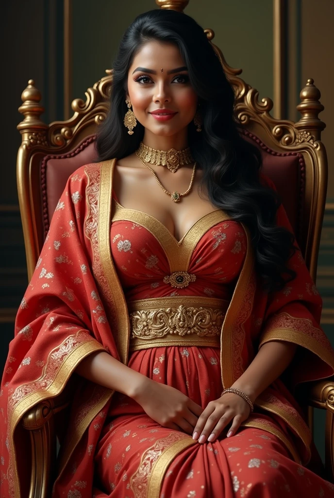 6 ft big breasted average beautiful sri lanakan wealthy age 25 girl in maharani dress. Wearing Academic regalia.well educated.sit in chair with massive big boobs, big butt 