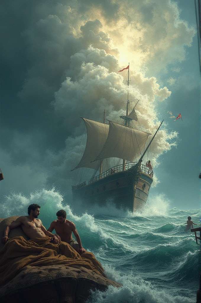 Odysseus is asleep on the ship while two of his men open a large bag, with winds coming out of it and pushing the ship into a storm.
- *Text:* Storyteller: "Odysseus' men opened the bag of winds, thinking it contained gold, and were dragged back into the sea."