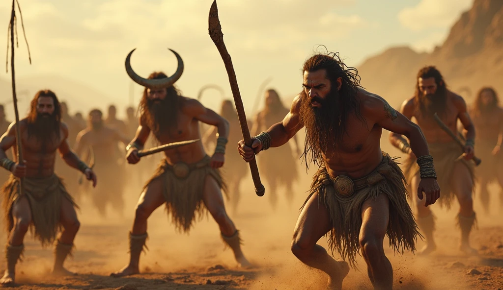 detailed battle scene, prehistoric humans fighting, large group of primitive men battling, vast war landscape, ancient warriors clashing, primitive tribal warriors, rugged terrain battlefield, rough stone weapons, chaos of battle, intense hand-to-hand combat, dusty environment, natural lighting, warm color palette, gritty realism, cinematic composition, dramatic lighting, volumetric fog, (best quality,4k,8k,highres,masterpiece:1.2),ultra-detailed,(realistic,photorealistic,photo-realistic:1.37)