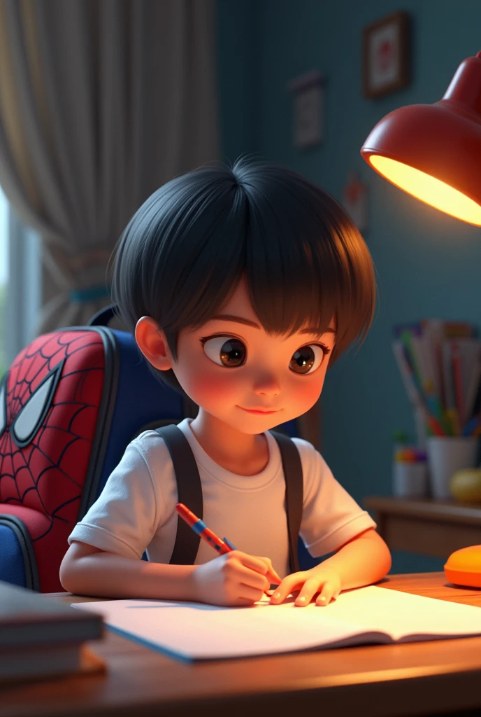 child,gordo, straight hair, White shirt, spiderman backpack,sitting studying.