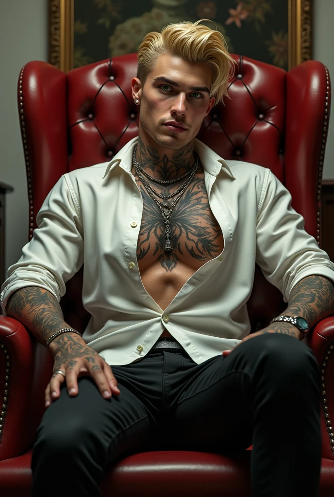 A handsome young mafia man with white skin, tall, blond hair, green eyes, a hot, sexy, toned body with tattoos and piercings, sitting in an armchair wearing a white shirt with the buttons open. 