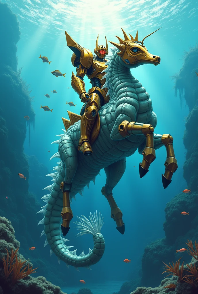 Goldrake riding a seahorse