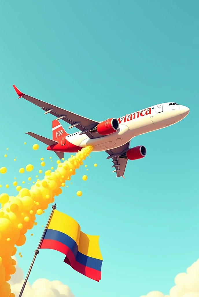 Cartoon of a white AVIANCA plane with red in the air while it shoots out jets of yellow liquid and those jets fall on the Colombian flag