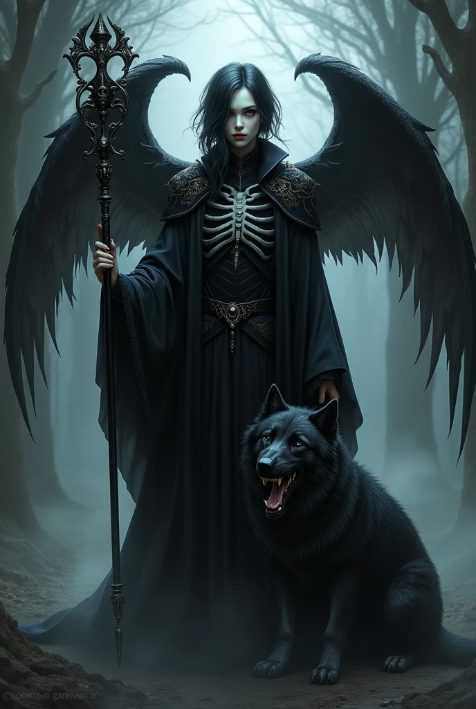 Gothic emo femboy dark wizard with skeleton wing, he has vampire fangs and he has a dark wolf made of darkness that is always with him, he also has a scepter