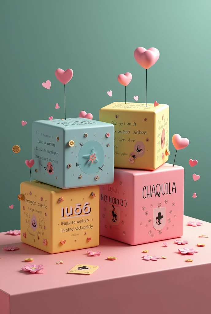 There are four cubes sitting on a table and on each cube it says "Brianna", "Lucero", "Chaquila", "Huaman", aestheticism, a file photo, by Micky mouse , several hearts, many hearts, emoticons, cubes, nice! c4d