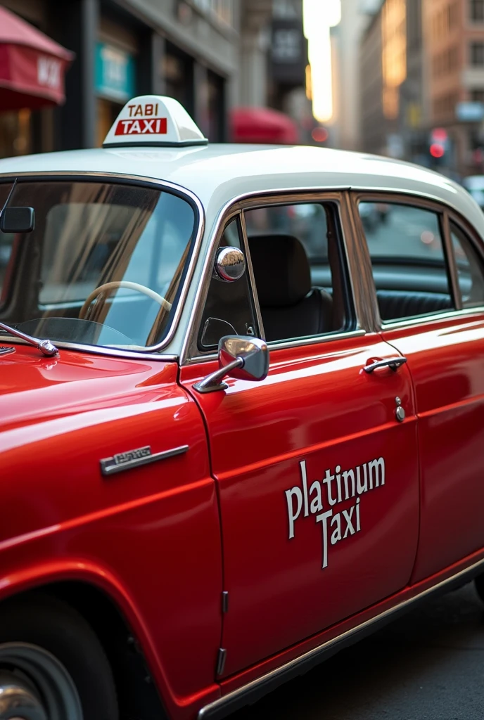 Red taxi with a white roof on the door, a lofo that says platinum taxi serving customers