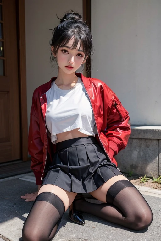 A black haired Japanese girl, bright blue eyes, wearing a white t-shirt, a black pleated skirt, thigh high stockings and black heels, wearing a red bomber jacket