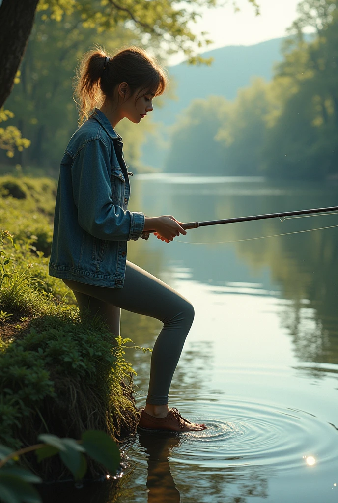 Depict the young woman fishing by a serene river in the countryside. She is wearing comfortable 1980s clothing such as a denim jacket and leggings. Show her in a relaxed pose, with the riverbank casting deep shadows that accentuate her profile. Use soft, natural light to create a peaceful atmosphere.