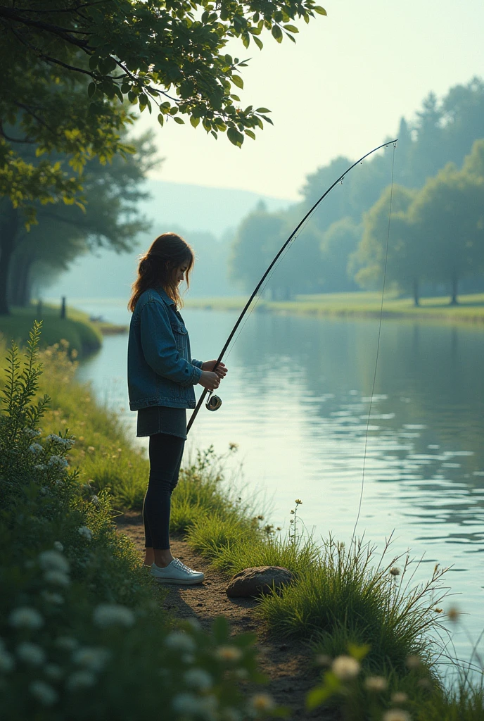Depict the young woman fishing by a serene river in the countryside. She is wearing comfortable 1980s clothing such as a denim jacket and leggings. Show her in a relaxed pose, with the riverbank casting deep shadows that accentuate her profile. Use soft, natural light to create a peaceful atmosphere.