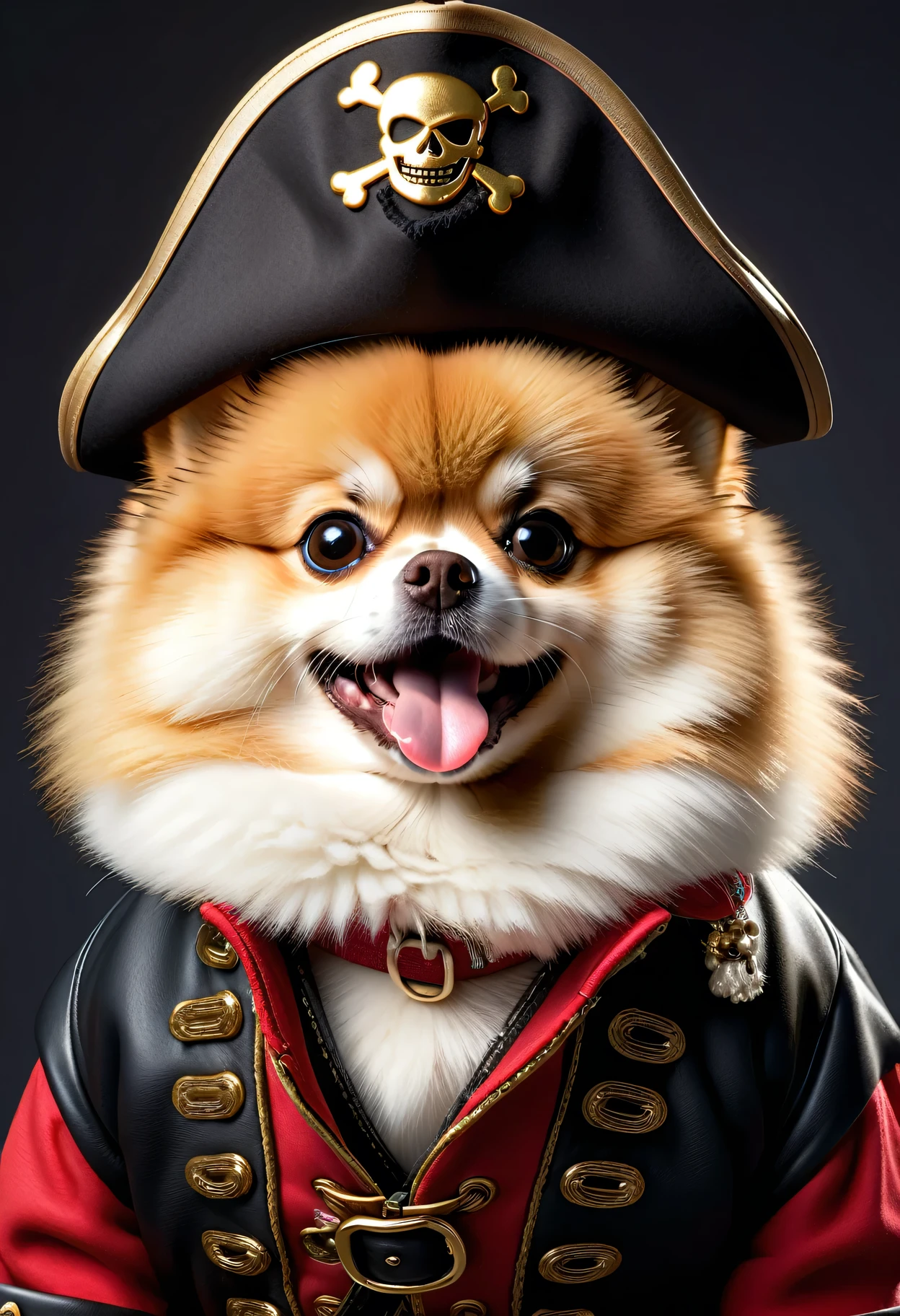 photorealistic portrait of Dressed animals - a ((fat)) (Pomeranian) pirate,(sticking tongue out:1.5),(furry), high quality,(lovely) ,intricate details, highly detailed ((pirate's jacket )), (wearing pirate's hat , highly detailed pirate equipment) , (happy), studio lighting,(furry),(simple background),(face close up image:1.5),score_9, score_8_up, score_7_up, score_6_up, score_5_up, score_4_up,