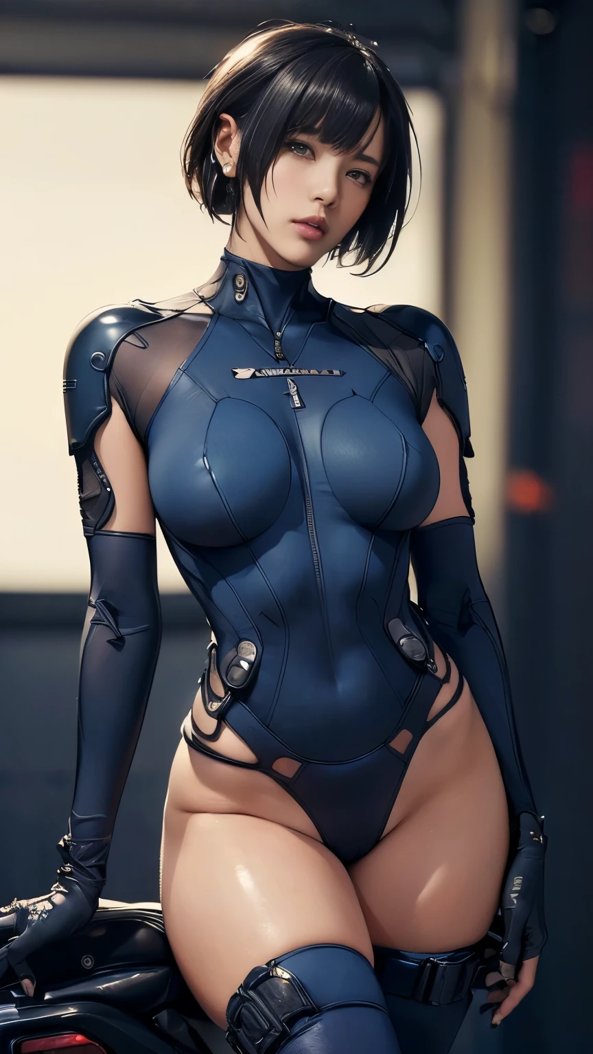 (A woman),(((A female member of the Future Force rides a motorcycle))),((Navy blue tactical high leg bodysuit:1.5)),((earphone:1.5)),((Tactical Holster:1.5)),(Gloves:1.5),(Serious:1.5),(Super short hair:1.5),(bionde:1.5),(beautiful eyes:1.3),(Very detailedな顔:1.5),((Very detailed drawing of a female hand:1.5)),((muscular:1.5)),(Sexy appearance:1.5),((Thick thighs:1.5)),(Beautiful Body:1.5),((Very sensual:1.5)),(Background is hanger:1.5),(Cyberpunk atmosphere:1.5),(((Blurred Background:1.5))),(Written border depth:1.5),rest(((masterpiece:1.5),(best quality:1.5),(Very detailed:1.5),(high resolution:1.5),(Practical:1.5),(Practical:1.5),(Delicate depiction),(Carefully drawn))),8k,wallpaper