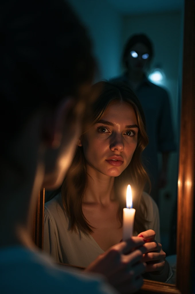 The candle suddenly goes out. The young woman&#39;s face is filled with terror. The young woman&#39;s reflection appears normal at first.. Suddenly, a shadowy figure with glowing eyes appears behind her in the mirror