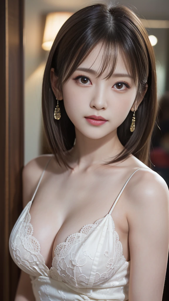 ((((masterpiece、Highest quality、High resolution、Tabletop、wallpaper、Realistic、Bright lighting、Professional Lighting、Face Light、Smooth lighting、Japanese women、Beautiful woman、action、gravure、sexly、so beautiful、Beautiful Skin、Beautiful and exquisite、Detailed face、slim:1.5))))、((Big Breasts:1.4))、((((Japanese,20-year-old,One Woman:1.5)))),smile,Close mouth,accessories, Earrings, Luxury Lounge,evening gown,dress,cabaret girl, hostesses