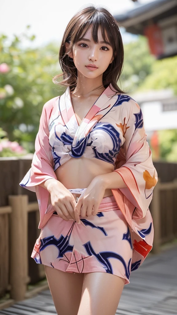 masterpiece, Highest quality,Very detailed,High resolution,(Realistic,photoRealistic:1.37),Excellent anatomy,One beautiful woman,1,Sexy Idol,(Focus on the thighs:1.5),(((No underwear:1.6))),A small smile,yukata,(shape),(((セクシーで可愛い 花模様 桃色 超超ミニ丈yukata:1.5))),(((Super short pink kimono print mini skirt))),((Very delicate and beautiful)),(Background of the summer festival:1.3),Brown Hair,Long Hair,bangs, Floating Hair NovaFrog Style,Very beautiful face,Cute type,Baby Face,Big Natural Color Lip,Big and pretty eyes,Brown eyes,Obvious double,Small and cute nose,Brown eyes,Shiny highlight spots around the eyes,Character Focus,Tilt your head,The best light,Best Shadow,Mysterious perfect face,Very detailed,Soft Skin,(Glowing Skin, Sweaty:1.4)'Beautiful feet, Voluptuous thighs,Plump body,Huge breasts,(Expressing the roundness and softness of the chest),Beautiful body,(The perfect woman)