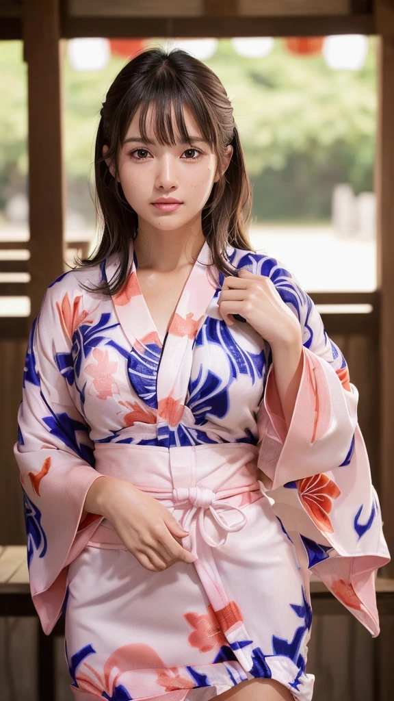 masterpiece, Highest quality,Very detailed,High resolution,(Realistic,photoRealistic:1.37),Excellent anatomy,One beautiful woman,1,Sexy Idol,(Focus on the thighs:1.5),(((No underwear:1.6))),A small smile,yukata,(shape),(((セクシーで可愛い 花模様 桃色 超超ミニ丈yukata:1.5))),(((Super short pink kimono print mini skirt))),((Very delicate and beautiful)),(Background of the summer festival:1.3),Brown Hair,Long Hair,bangs, Floating Hair NovaFrog Style,Very beautiful face,Cute type,Baby Face,Big Natural Color Lip,Big and pretty eyes,Brown eyes,Obvious double,Small and cute nose,Brown eyes,Shiny highlight spots around the eyes,Character Focus,Tilt your head,The best light,Best Shadow,Mysterious perfect face,Very detailed,Soft Skin,(Glowing Skin, Sweaty:1.4)&#39;Beautiful feet, Voluptuous thighs,Plump body,Huge breasts,(Expressing the roundness and softness of the chest),Beautiful body,(The perfect woman)